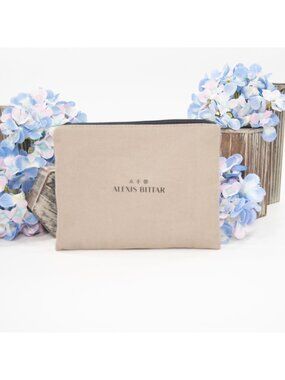 Alexis Bittar Beige Canvas Large Padded Jewelry Cosmetic Pouch Case NWOT
